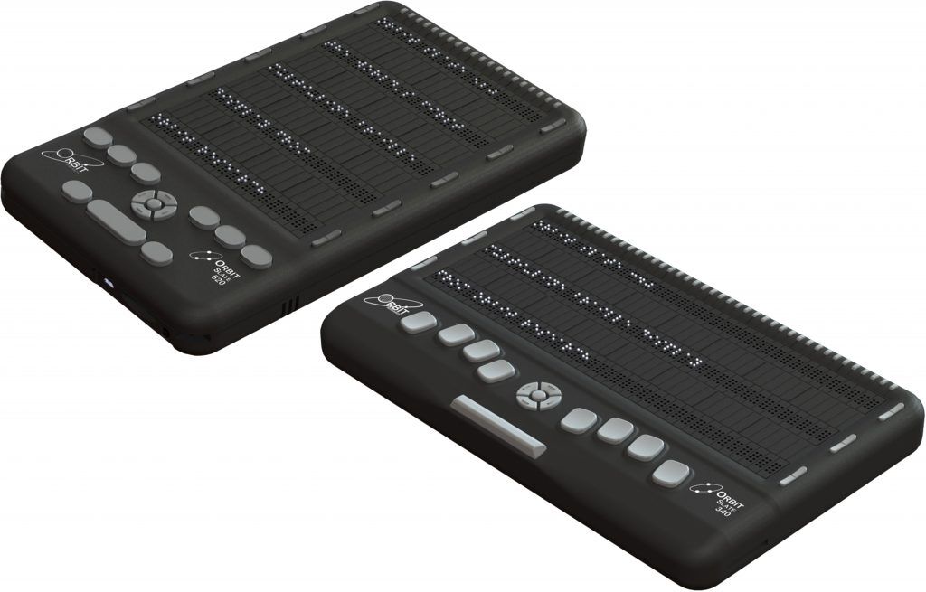 Draufsicht auf Orbit Slate 340 und 520 mit Tastatur im Perkins-Stil und 3 bzw. 5 Zeilen Braille-Zellen