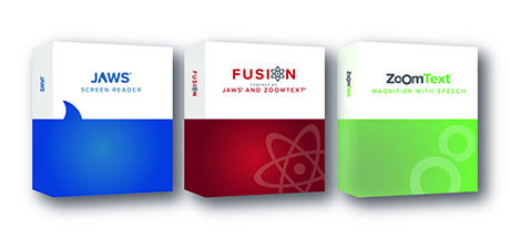 Product packaging from JAWS, Fusion and ZoomText