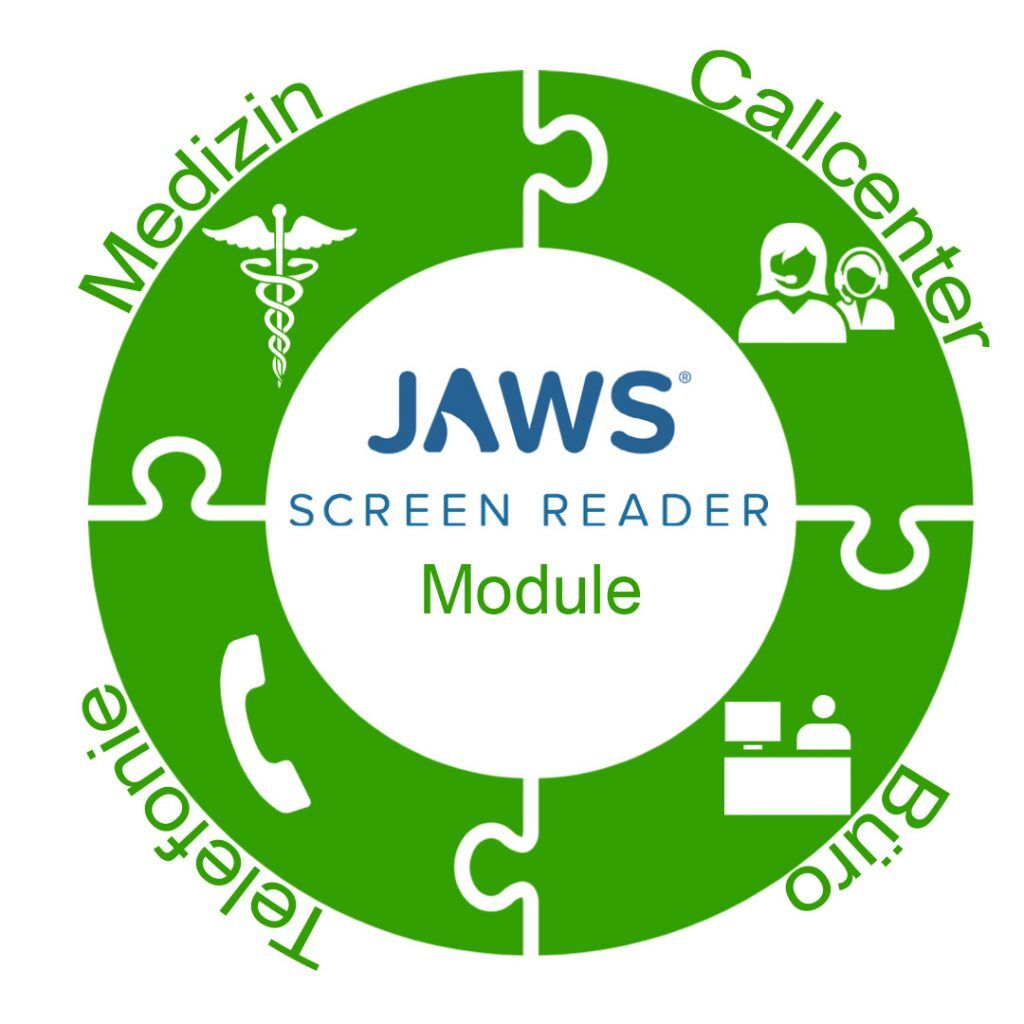 Mittig Logo JAWS + "Module", darum ein grüner Kreis aus Puzzleteilen für die Bereiche Medizin, Callcenter, Telefonie und Büro