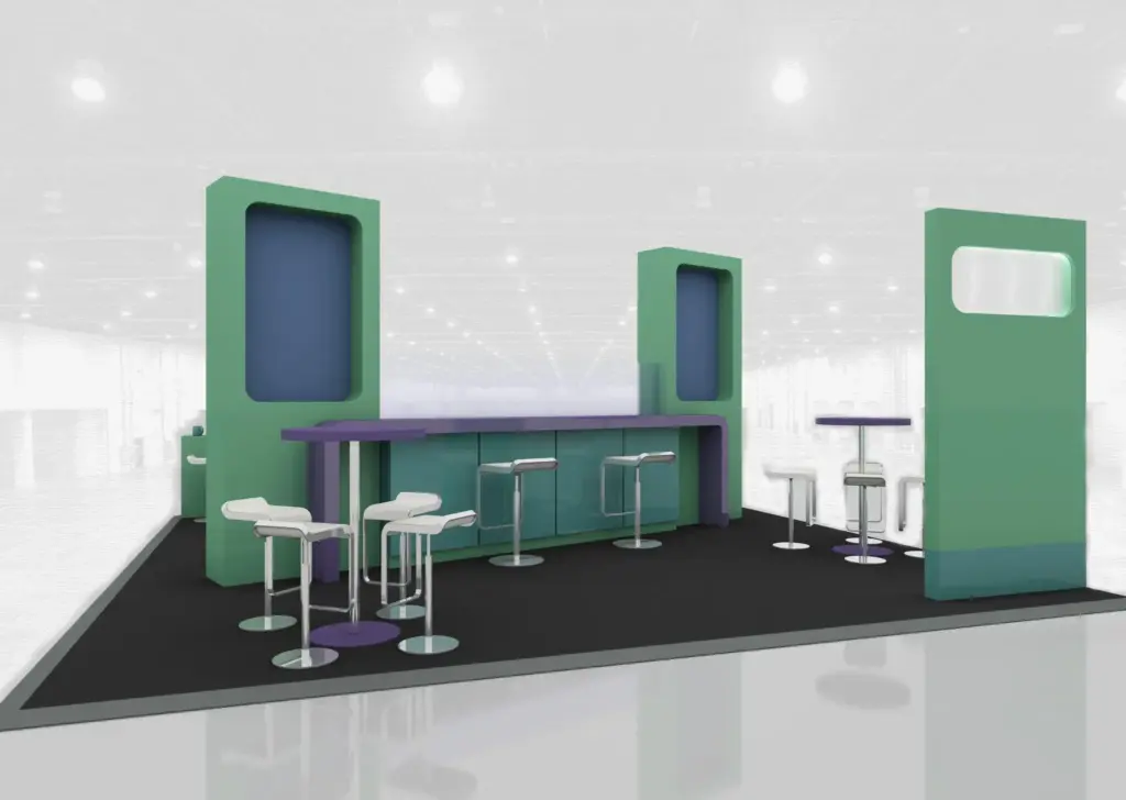 Schematische 3D-Zeichnung eines Messestandes in grün