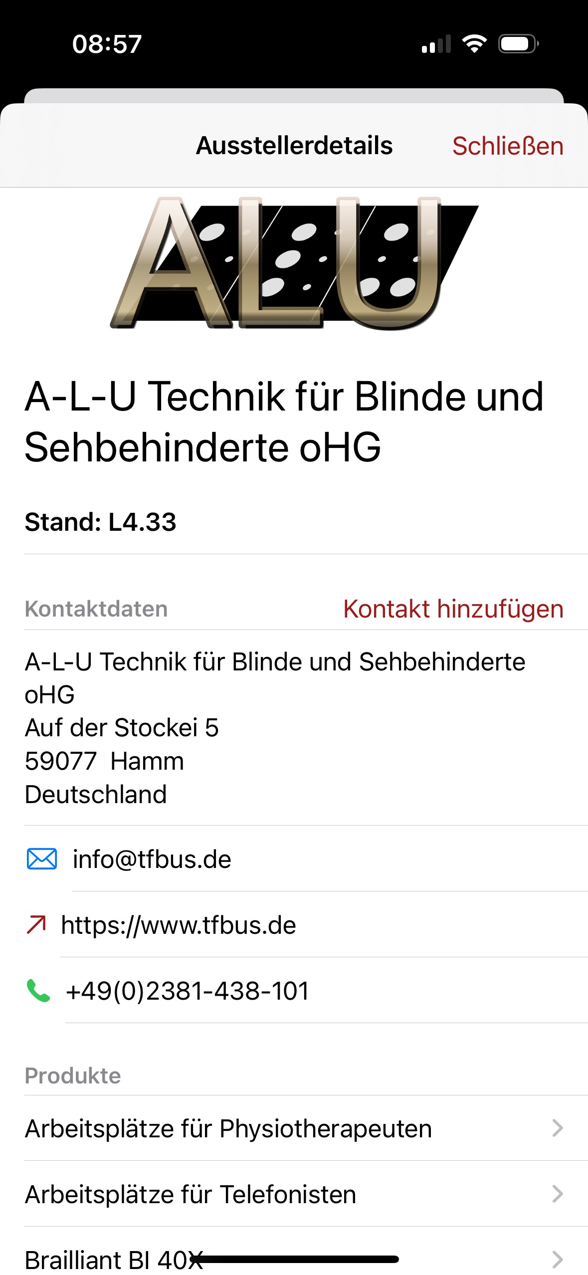 Detailansicht eines Ausstellers in der SightCity App. Zu sehen sind Informationen über "A-L-U Technik für Blinde und Sehbehinderte oHG" mit Standnummer L4.33, vollständigen Kontaktdaten (Adresse, E-Mail, Website, Telefon) und einer Liste von Produkten wie "Arbeitsplätze für Physiotherapeuten", "Arbeitsplätze für Telefonisten" und "Brailliant BI 40X". Oben ist das Logo des Unternehmens dargestellt.