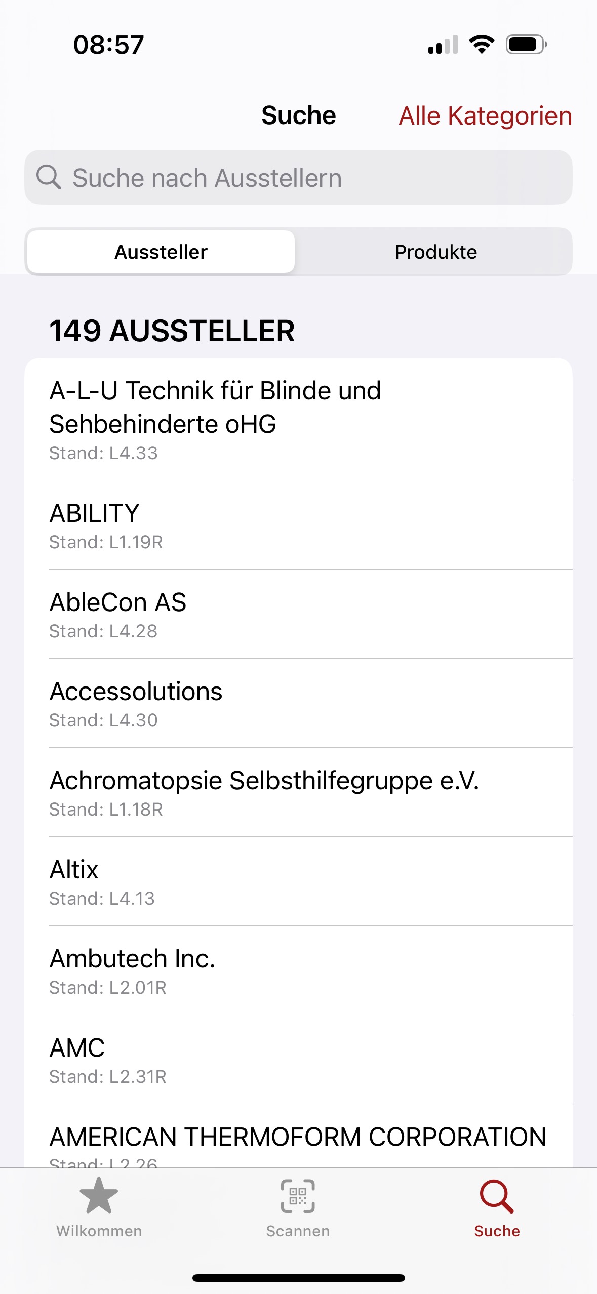 Search screen of the SightCity app with the heading "149 EXHIBITORS". The page shows an alphabetically sorted list of exhibitors with their stand numbers, starting with "A-L-U Technik für Blinde und Sehbehinderte oHG" (stand L4.33), followed by other exhibitors such as ABILITY, AbleCon AS and others. At the top you will find a search field and filter tabs for "Exhibitors" and "Products". The navigation at the bottom of the screen shows "Search" as the active option.