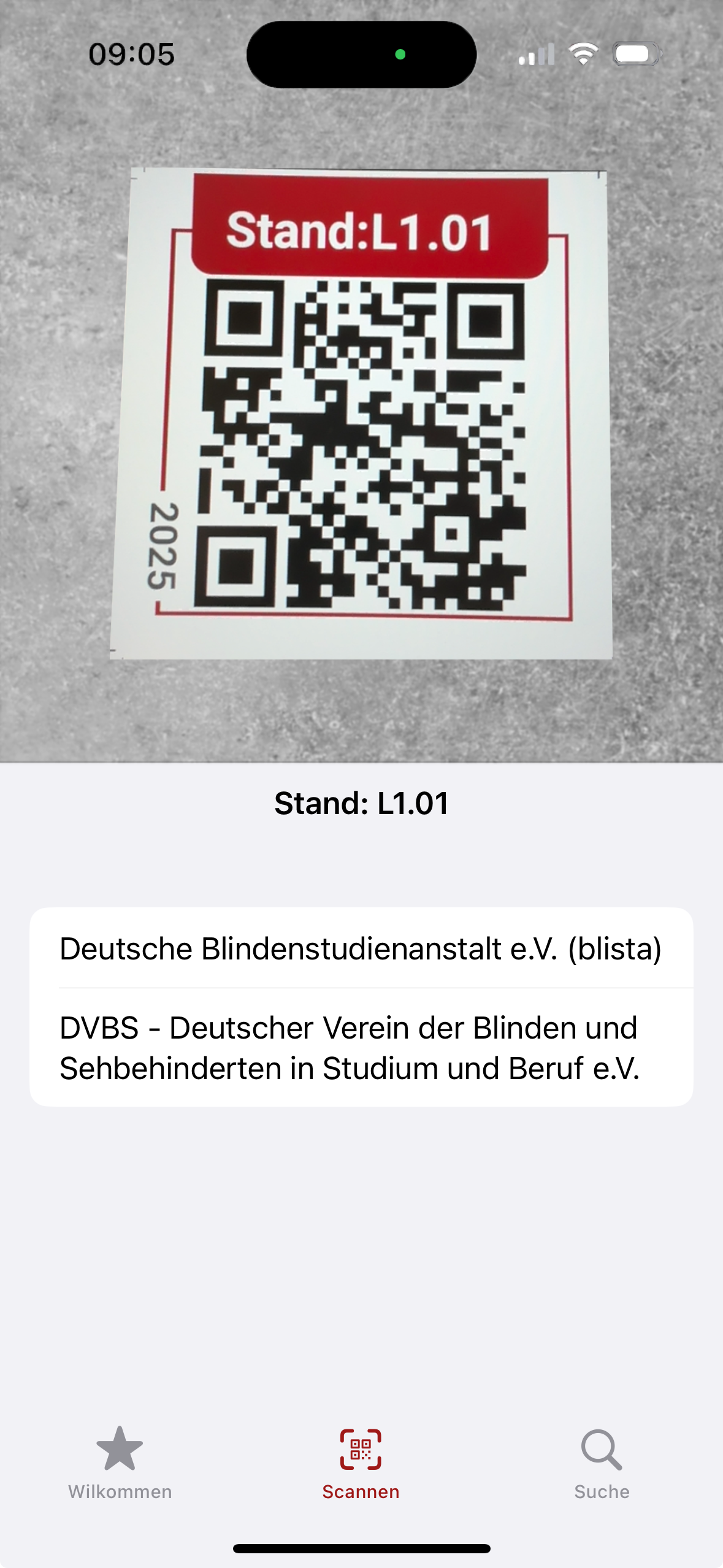 QR code scanner view of the SightCity app, showing a QR code for stand L1.01. The exhibitors "Deutsche Blindenstudienanstalt e.V. (blista)" and "DVBS - Deutscher Verein der Blinden und Sehbehinderten in Studium und Beruf e.V." are displayed under the scanned code. At the bottom of the screen are the navigation options "Welcome", "Scan" (active) and "Search".