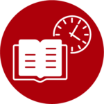 Icon für Alltagshilfen auf dunkelrotem Hintergrund. Zeigt ein aufgeschlagenes Buch mit Textzeilen und eine Uhr, die Zeitmanagement symbolisiert. Steht für praktische Hilfsmittel und Unterstützung im täglichen Leben für Menschen mit Sehbeeinträchtigung.