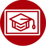 Icon für Ausbildung und Schulung auf dunkelrotem Hintergrund. Zeigt einen Doktorhut auf einem Bildschirm oder Tablet, symbolisiert digitale Bildungsangebote und Schulungsprogramme. Steht für Weiterbildung und berufliche Qualifizierung im Bereich Hilfsmittel und Rehabilitation.