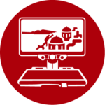 Icon für stationäre Bildschirmlesegeräte auf dunkelrotem Hintergrund. Zeigt einen Monitor auf einem höhenverstellbaren Ständer mit Kameraarm über einer Lesefläche. Auf dem Bildschirm ist eine vergrößerte Stadtansicht zu sehen. Symbolisiert elektronische Sehhilfen für das Lesen und Betrachten von Dokumenten, Büchern und Objekten.