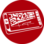 Icon für tragbare Bildschirmlesegeräte auf dunkelrotem Hintergrund. Zeigt ein Smartphone oder Tablet im Querformat mit einer Navigations-App auf dem Display, inklusive Kartenansicht, Standortmarkierung und Routenplanung. Symbolisiert mobile elektronische Sehhilfen für unterwegs, die Orientierung und Lesefunktionen bieten.