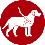 Icon für Blindenführhund und Zubehör auf dunkelrotem Hintergrund. Zeigt einen Hund mit Führgeschirr und Führbügel in Arbeitsposition. Symbolisiert Mobilitätshilfen durch ausgebildete Assistenzhunde sowie das notwendige Zubehör für Blindenführhunde.