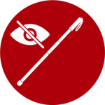 Icon für Blindenstöcke und Zubehör auf dunkelrotem Hintergrund. Zeigt einen weißen Langstock diagonal verlaufend sowie ein durchgestrichenes Auge als Symbol für Blindheit oder Sehbeeinträchtigung. Steht für Mobilitätshilfen und Orientierungshilfen für blinde und sehbehinderte Menschen.