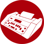 Icon für Braille-Drucker auf dunkelrotem Hintergrund. Zeigt einen Drucker mit Bedienfeld, Tasten und Papierausgabe. Symbolisiert Geräte zur Erstellung von Braille-Dokumenten, die taktile Punktschrift auf Papier prägen für blinde und sehbehinderte Menschen.