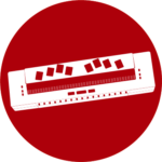 Icon für Braillezeilen auf dunkelrotem Hintergrund. Zeigt eine Braillezeile mit taktilen Punkten, Routing-Tasten und Bedientasten an den Seiten. Symbolisiert elektronische Ausgabegeräte, die Bildschirminhalte in tastbare Brailleschrift umwandeln und blinden Menschen den Zugang zu digitalen Inhalten ermöglichen.