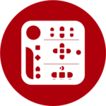 Icon für DAISY-Player und -Software auf dunkelrotem Hintergrund. Zeigt ein stilisiertes Interface mit Navigationstasten, Play-Button und verschiedenen Bedienelementen in Form von Punkten, Kreisen und geometrischen Formen. Symbolisiert Abspielgeräte und Software für das DAISY-Format (Digital Accessible Information System), das barrierefreie Hörbücher mit Navigationsfunktionen für blinde und sehbehinderte Menschen ermöglicht.