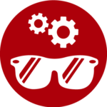 Icon für elektronische Brillen auf dunkelrotem Hintergrund. Zeigt eine Brille mit zwei Zahnrädern darüber als Symbol für technische Innovation. Steht für intelligente Sehhilfen und elektronische Brillensysteme, die durch Kameratechnologie, Bildverarbeitung und künstliche Intelligenz sehbehinderten Menschen bei der visuellen Wahrnehmung unterstützen.
