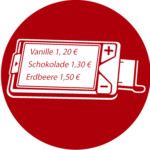 Icon für elektronische Lupen auf dunkelrotem Hintergrund. Zeigt ein elektronisches Lesegerät mit Display, auf dem vergrößerter Text sichtbar ist (Eissorten mit Preisen: Vanille 1,20 €, Schokolade 1,30 €, Erdbeere 1,50 €). Rechts sind Bedienelemente mit Plus- und Minus-Tasten zur Vergrößerungssteuerung abgebildet. Symbolisiert elektronische Sehhilfen, die Texte und Bilder stark vergrößern und für Menschen mit Sehbeeinträchtigung lesbar machen.