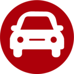 Icon für Fahrzeuge und Bewegungsmittel auf dunkelrotem Hintergrund. Zeigt die Frontansicht eines stilisierten Autos in Weiß mit Scheinwerfern, Kühlergrill und Windschutzscheibe. Symbolisiert barrierefreie Mobilitätslösungen, adaptive Fahrzeuge und Fortbewegungsmittel für Menschen mit Behinderungen, einschließlich umgerüsteter Autos, Rollstuhlfahrzeuge und assistiver Fahrtechnologien.