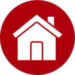 Icon für Haushalt auf dunkelrotem Hintergrund. Zeigt ein stilisiertes weißes Haus mit Dach, Schornstein und Tür. Symbolisiert barrierefreie Haushaltsprodukte und assistive Technologien für den häuslichen Alltag, die Menschen mit Behinderungen bei der selbstständigen Haushaltsführung unterstützen, einschließlich adaptiver Küchengeräte, taktiler Markierungen, sprechender Haushaltshelfer und Smart-Home-Lösungen für mehr Unabhängigkeit im eigenen Zuhause.
