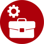 Icon für Hilfsmittel für Arbeitsplatz und Ausbildung auf dunkelrotem Hintergrund. Zeigt einen weißen Aktenkoffer mit einem Zahnrad-Symbol darüber. Symbolisiert technische Hilfsmittel und assistive Lösungen für berufliche Integration und Ausbildung von Menschen mit Behinderungen, einschließlich spezialisierter Arbeitsplatzausstattung, barrierefreier Software, adaptiver Technologien, Screenreader, Braillezeilen und ergonomischer Eingabegeräte für erfolgreiche Teilhabe am Arbeitsleben und in der Bildung.