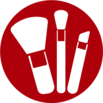 Icon für Lifestyle auf dunkelrotem Hintergrund. Zeigt drei weiße Make-up-Pinsel unterschiedlicher Größe. Symbolisiert barrierefreie Lifestyle-Produkte und Alltagshilfen für Menschen mit Behinderungen, die Selbstständigkeit und persönliche Pflege unterstützen, einschließlich adaptiver Kosmetik-Tools, taktiler Markierungen, ergonomischer Griffe und innovativer Lösungen für Beauty, Mode und persönliche Gestaltung, die Teilhabe an allen Lebensbereichen ermöglichen.