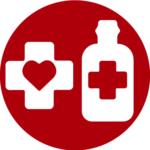 Icon für Medizin und Arzneimittel auf dunkelrotem Hintergrund. Zeigt ein weißes Kreuz mit einem Herz-Symbol und eine Medizinflasche mit Kreuz. Symbolisiert barrierefreie medizinische Hilfsmittel, Gesundheitsprodukte und Arzneimittel für Menschen mit Behinderungen, einschließlich taktil markierter Medikamentenverpackungen, sprechender Medikamentendosierer, barrierefreier Gesundheits-Apps, adaptiver medizinischer Geräte und Lösungen für selbstständige Medikamenteneinnahme und Gesundheitsmanagement.