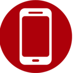 Icon für Smartphone, Tablet und Telefone auf dunkelrotem Hintergrund. Zeigt ein weißes Smartphone-Symbol mit Display und Home-Button. Symbolisiert barrierefreie mobile Kommunikationsgeräte und adaptive Technologien für Menschen mit Behinderungen, einschließlich Smartphones mit Screenreader-Funktionen, Tablets mit Vergrößerungssoftware, spezialisierte Telefone mit großen Tasten, Braillezeilen für mobile Geräte, Sprachsteuerung und assistive Apps für selbstständige Kommunikation und digitale Teilhabe.