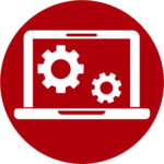 Icon für Software für Blinde auf dunkelrotem Hintergrund. Zeigt einen weißen Laptop mit zwei Zahnrad-Symbolen auf dem Display. Symbolisiert spezialisierte Software und digitale Hilfsmittel für blinde Menschen, einschließlich Screenreader wie JAWS und NVDA, Braillezeilen-Software, Sprachausgabe-Programme, barrierefreie Betriebssysteme, OCR-Texterkennung, Navigation-Apps und adaptive Technologien, die selbstständige Computer- und Internetnutzung sowie digitale Teilhabe ermöglichen.