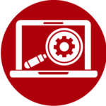 Icon für Software für Sehbehinderte auf dunkelrotem Hintergrund. Zeigt einen weißen Laptop mit Lupen-Symbol und Zahnrad auf dem Display. Symbolisiert spezialisierte Software und digitale Hilfsmittel für sehbehinderte Menschen, einschließlich Bildschirmvergrößerungssoftware wie ZoomText und MAGic, Kontrastanpassungs-Tools, Farbfilter, Vorlesefunktionen, anpassbare Schriftgrößen, barrierefreie Benutzeroberflächen und adaptive Technologien, die selbstständige Computer- und Internetnutzung sowie digitale Teilhabe ermöglichen.