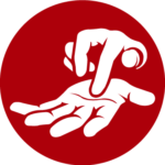 Icon für Taubblindenkommunikationshilfen auf dunkelrotem Hintergrund. Zeigt zwei weiße Hände in Kommunikationsposition – eine Hand buchstabiert in die geöffnete Handfläche der anderen. Symbolisiert spezialisierte Kommunikationshilfen für taubblinde Menschen, einschließlich Lormen (taktiles Fingeralphabet), Braillezeilen mit Sprachausgabe, taktile Gebärdensprache, Kommunikationstafeln, elektronische Kommunikationsgeräte, Assistenzsysteme und adaptive Technologien, die zwischenmenschliche Kommunikation, Information und soziale Teilhabe ermöglichen.