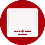 Icon für grafische Braillezeilen auf dunkelrotem Hintergrund. Zeigt ein Braille-Display mit großer taktiler Punktmatrix-Fläche und Bedientasten darunter. Symbolisiert moderne Braillezeilen mit grafischer Darstellungsfunktion, die nicht nur Text, sondern auch Bilder, Diagramme und geometrische Formen taktil darstellen können. Ermöglicht blinden Menschen den Zugang zu visuellen Informationen durch innovative Pin-Matrix-Technologie