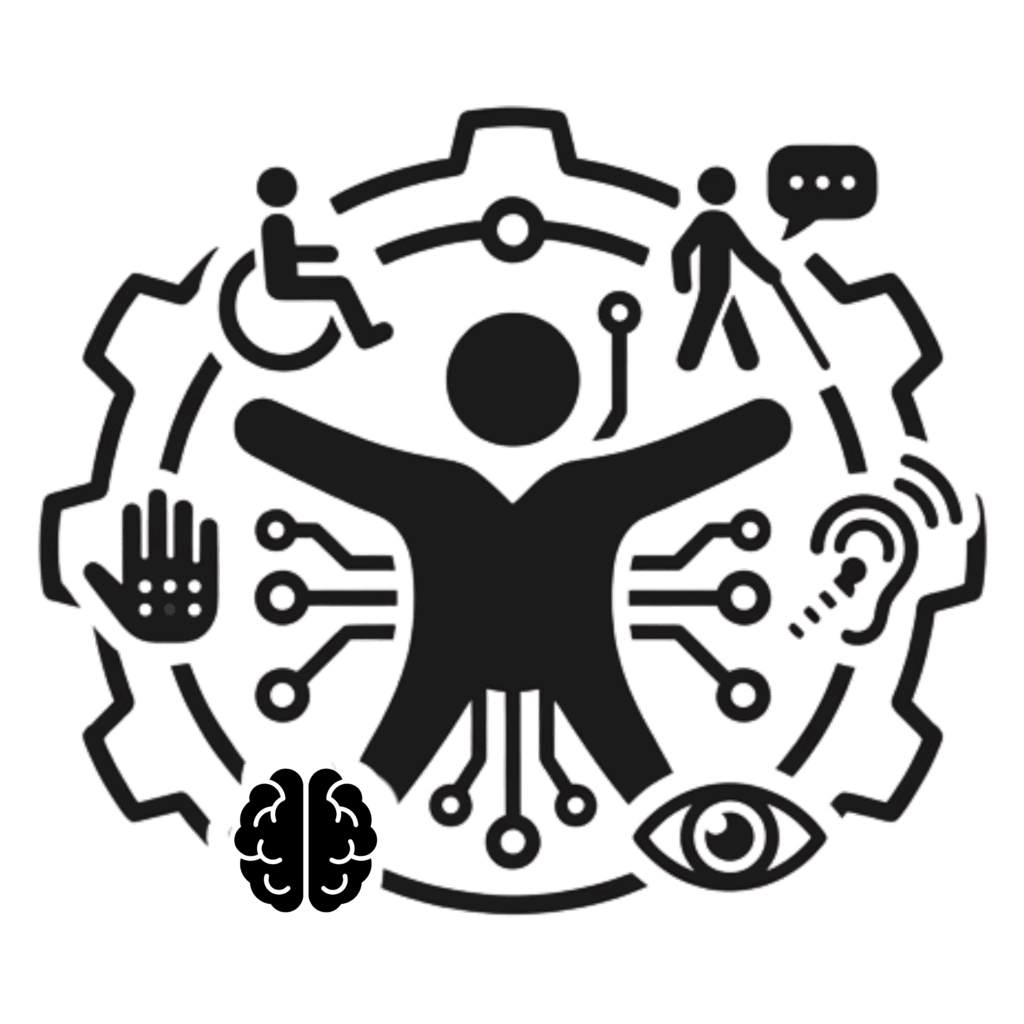 Piktogramm einer Person mit ausgebreiteten Armen; darum Symbole für Barrierefreiheit und Assistenztechnik (Rollstuhl, Gehstock, Sprechblase, Hand, Ohr, Auge, Gehirn sowie vernetzte/technische Elemente).