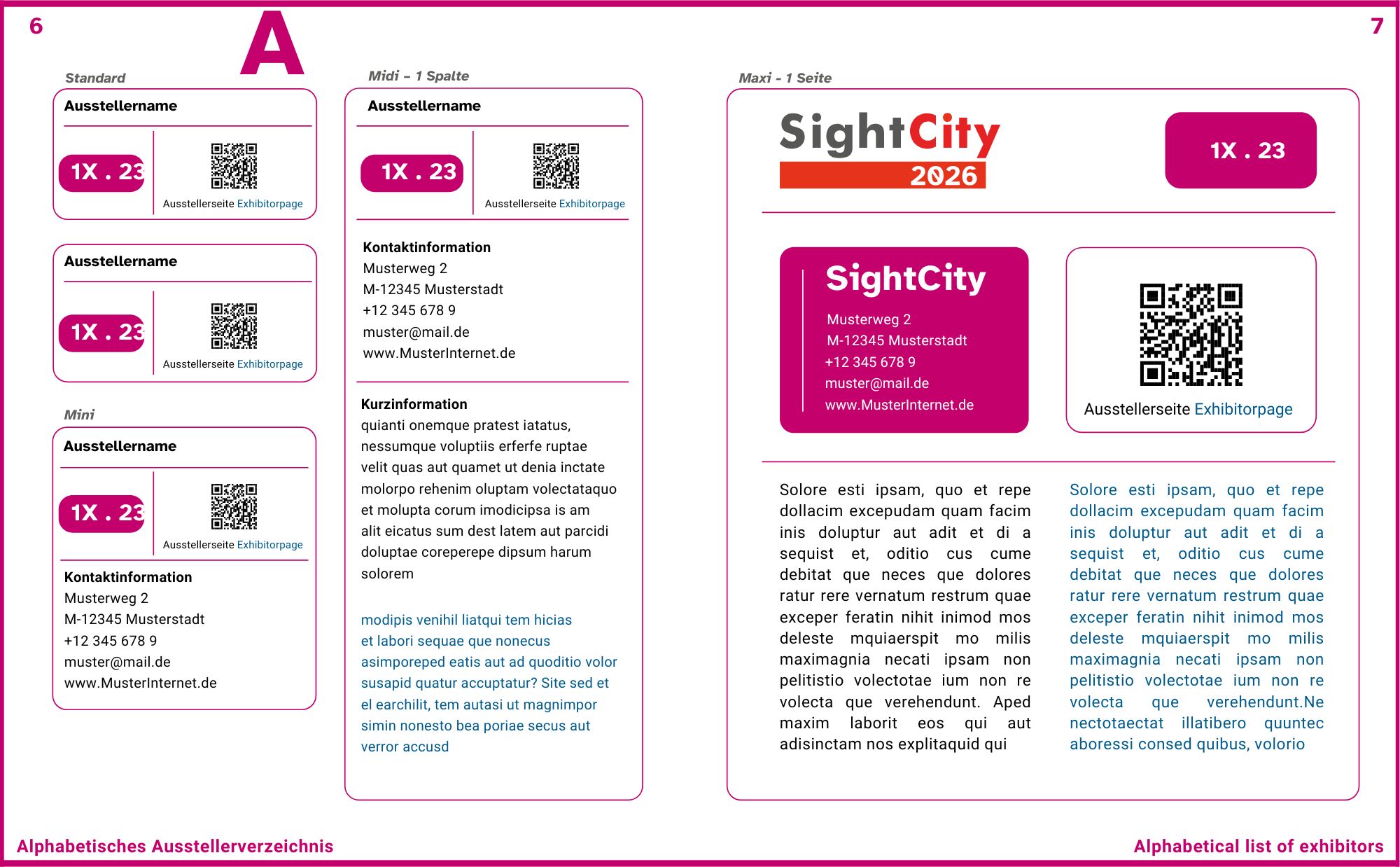 Musterkatalogseite mit den verschiedenen Darstellungsoptionen