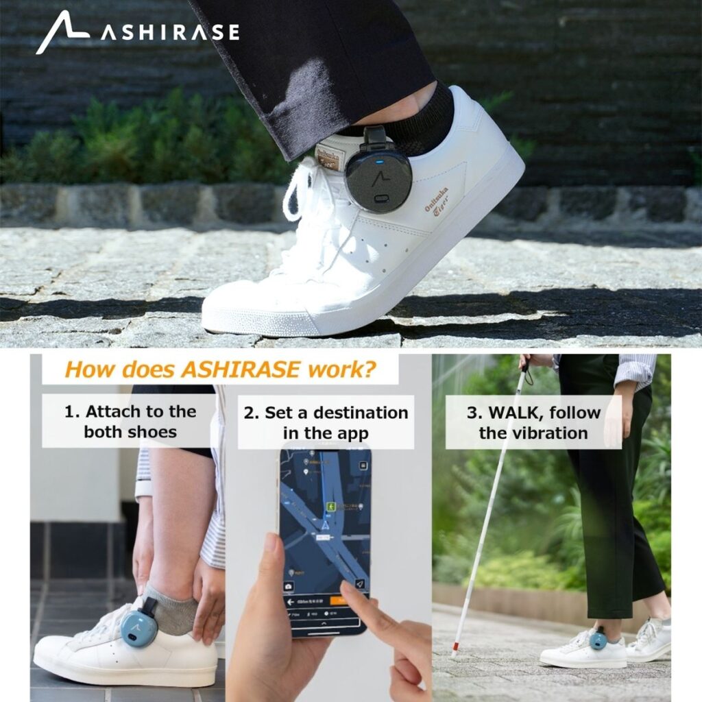 Ashirase-Navigationssystem: Kleines Gerät am Schuh befestigt. Drei Schritte: 1. An beiden Schuhen befestigen, 2. Ziel in der App eingeben, 3. Laufen und Vibration folgen. Person mit Langstock sichtbar.