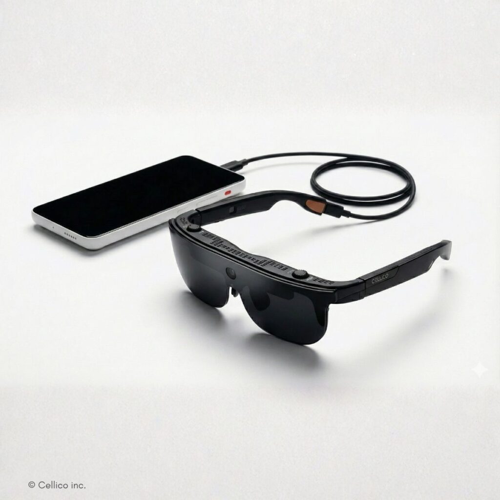 Schwarze Cellico-Smartbrille mit dunklen Gläsern, verbunden per Kabel mit einem weißen Smartphone, auf weißem Hintergrund.