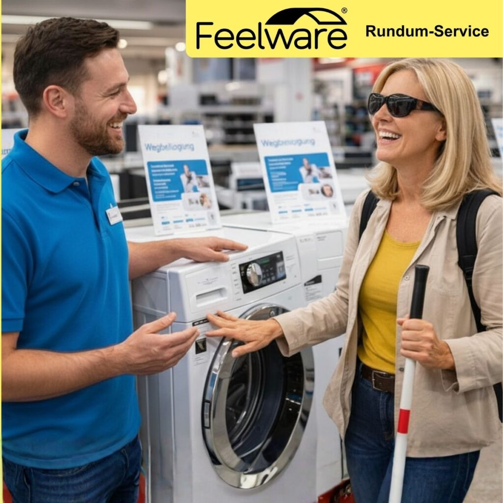Feelware Rundum-Service: Ein Berater im blauen Polo erklärt einer blinden Frau mit Langstock eine Waschmaschine im Elektrofachhandel.