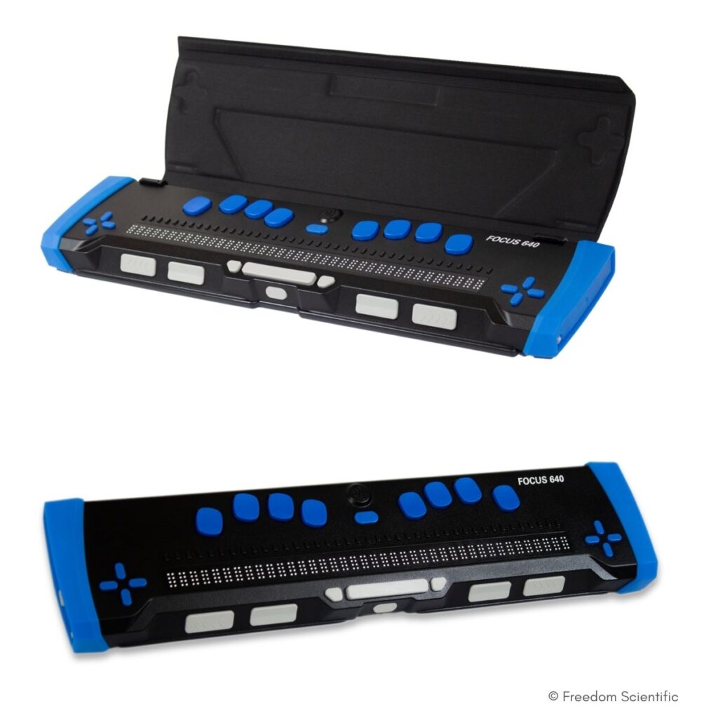 Focus 640 Braillezeile von Freedom Scientific in Schwarz und Blau: oben geöffnet mit Schutzdeckel, unten geschlossen mit sichtbarer Braillezeile und Steuertasten.
