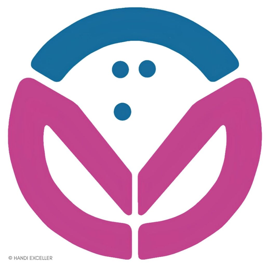 Logo von Handi Exceller: kreisförmiges Symbol in Pink und Blau, das eine stilisierte Figur mit ausgebreiteten Armen darstellt.
