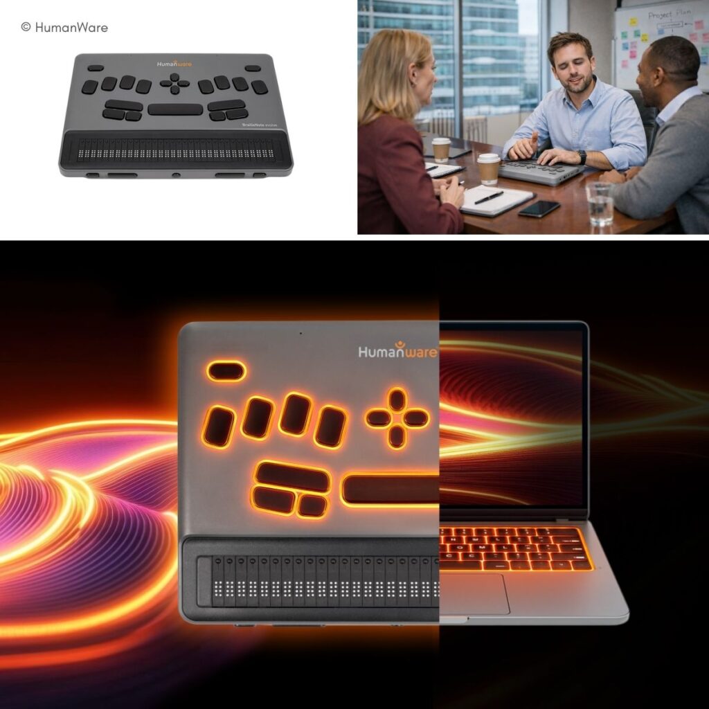 HumanWare BrailleNote Bridge: Produktfoto, Anwendungsfoto im Meeting sowie dramatische Renderansicht mit orangefarbener Tastenbeleuchtung neben einem Laptop.
