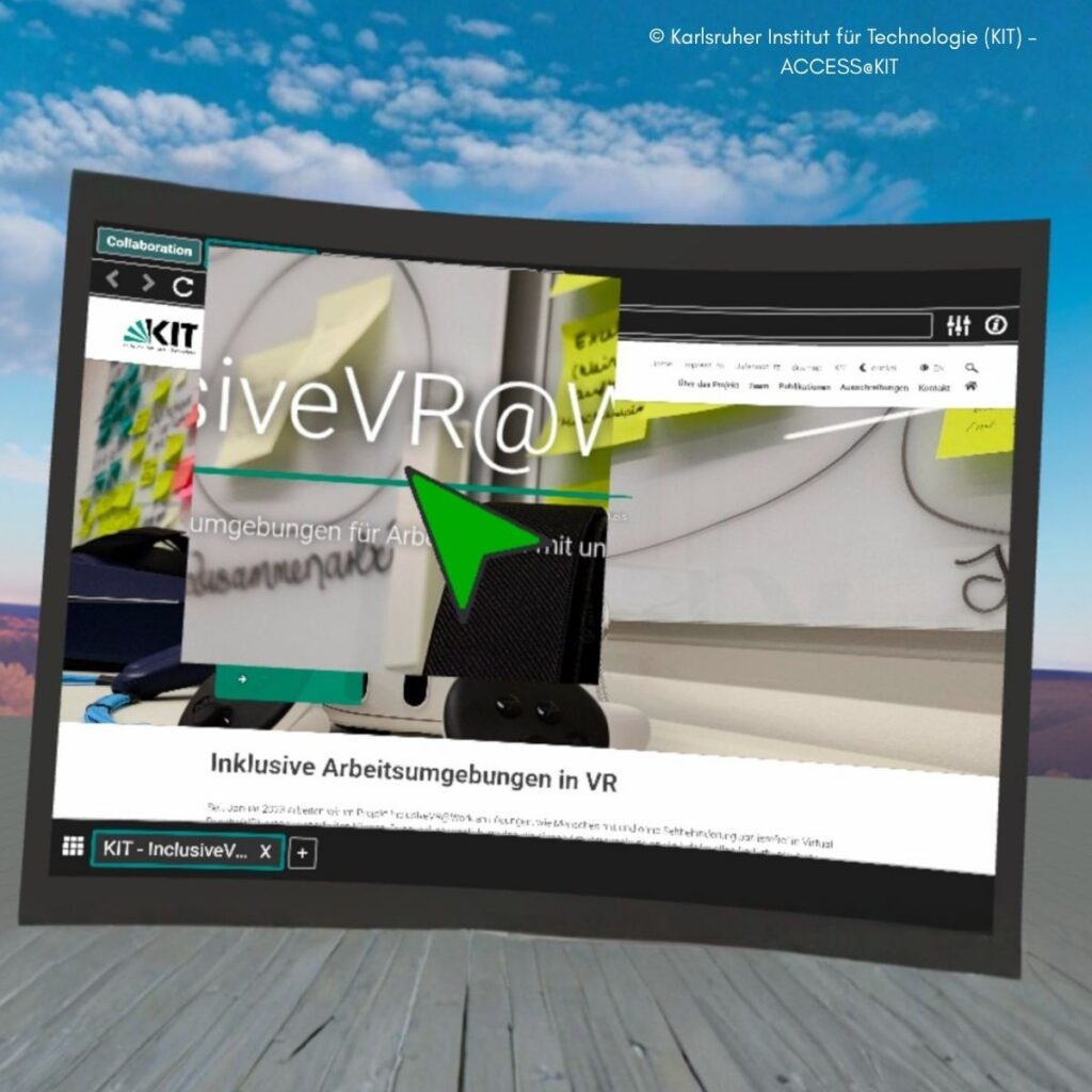 Screenshot einer VR-Umgebung des KIT ACCESS@KIT-Projekts „Inklusive Arbeitsumgebungen in VR", dargestellt in einer virtuellen Landschaft mit blauem Himmel.
