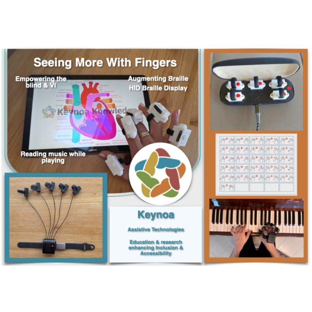 Keynoa Assistive Technologies: Kollage zeigt fingergetragene Braille-Displays, Anwendungen beim Klavierspielen und Lernen sowie das Keynoa-Logo mit Produktbeschreibung.