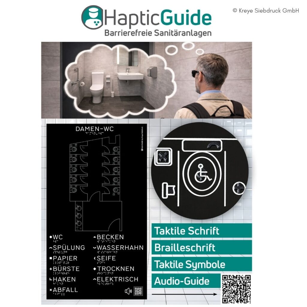 HapticGuide von Kreye Siebdruck: Infografik zu barrierefreien Sanitäranlagen mit taktiler Raumkarte, Brailleschrift, taktilen Symbolen und Audio-Guide-Hinweis.