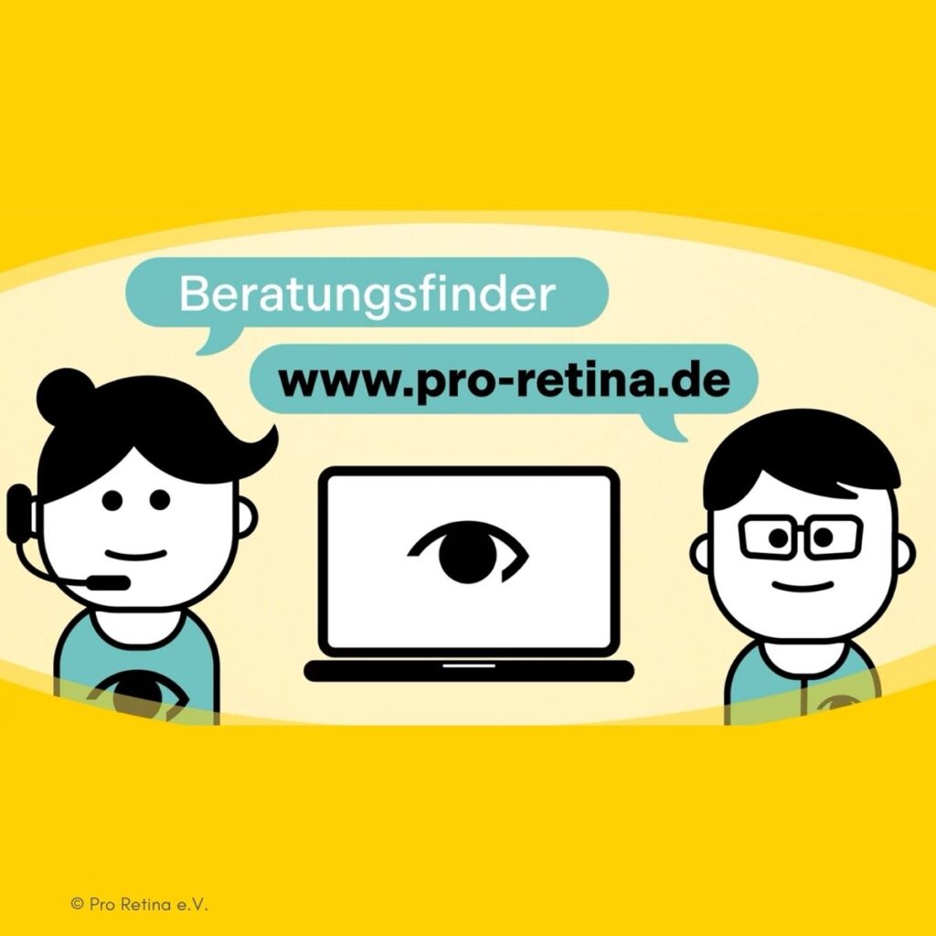Illustration von Pro Retina e.V.: Zwei Cartoon-Figuren flankieren einen Laptop mit Augensymbol. Sprechblasen zeigen „Beratungsfinder" und www.pro-retina.de.
