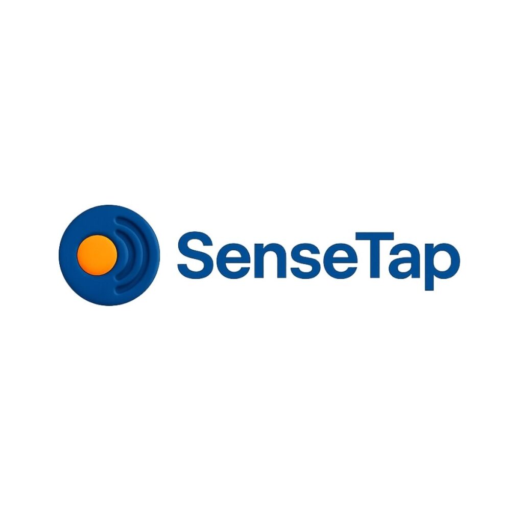 Logo von SenseTap: blauer Kreis mit orangefarbenem Mittelpunkt und Schriftzug „SenseTap" in Blau auf weißem Hintergrund.