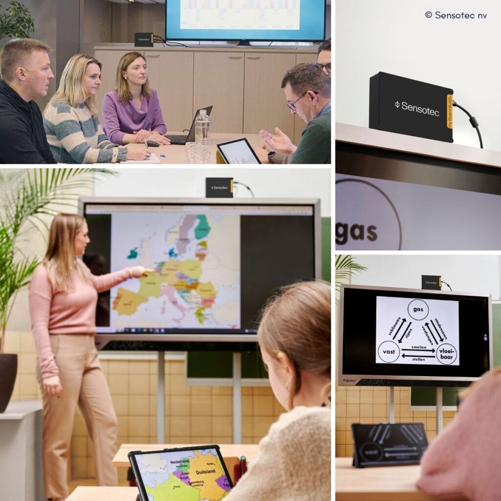 Sensotec nv Kollage: Team-Meeting mit myBoardBuddy-Gerät, Lehrerin zeigt auf Europakarte, Nahaufnahme des Geräts auf einem Bildschirm sowie Unterrichtsdiagramm zu Aggregatzuständen.