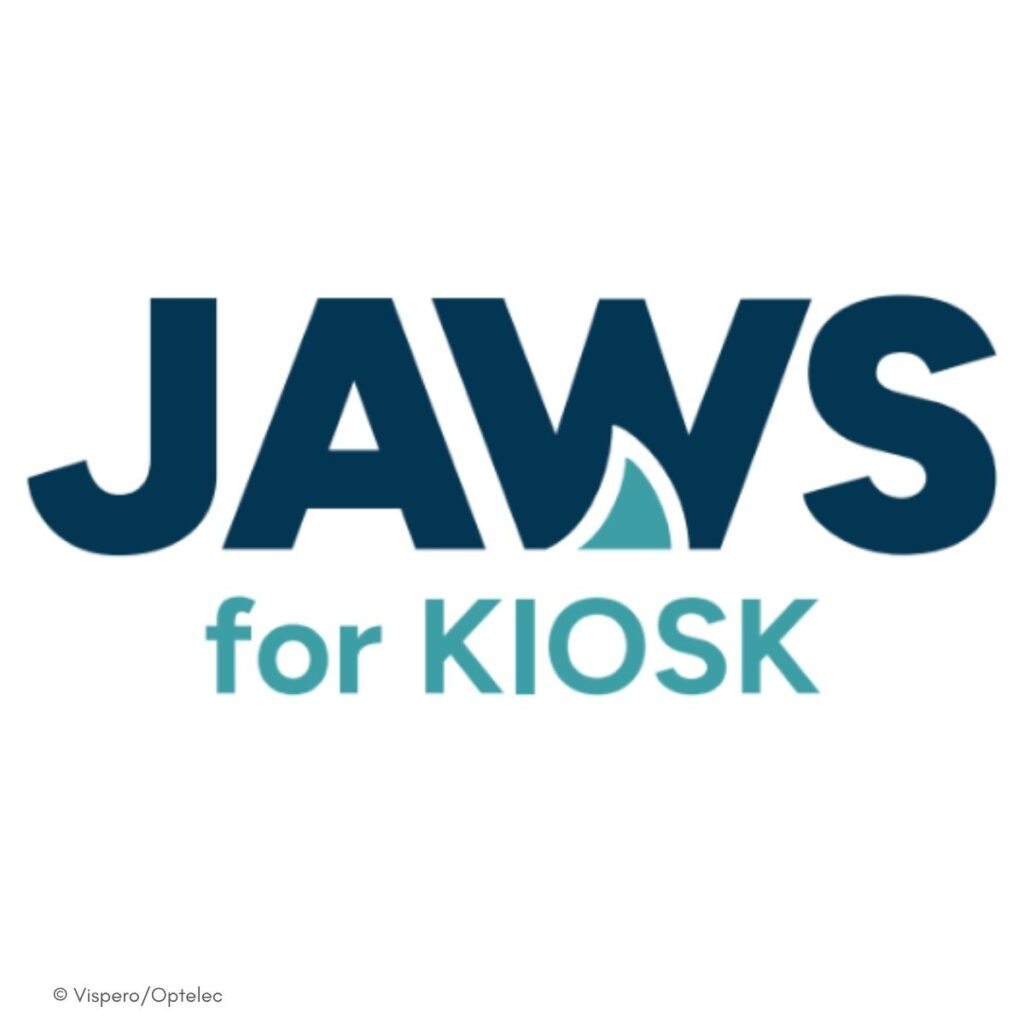 Logo von JAWS for KIOSK in Dunkelblau und Türkis auf weißem Hintergrund. Produkt von Vispero/Optelec.