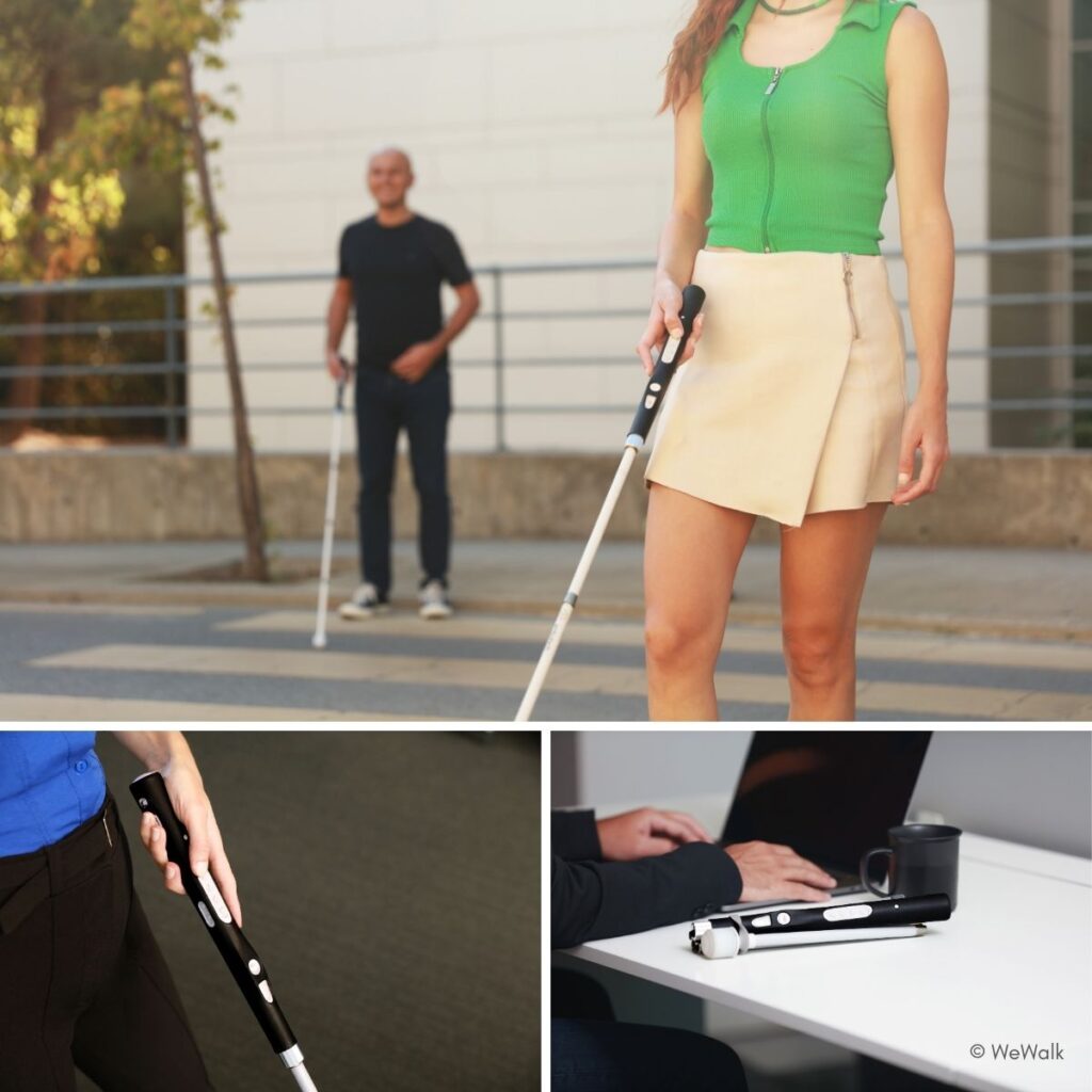 Kollage: Zwei Personen nutzen den WeWalk-Smartstock im Freien, Nahaufnahme des Griffes mit Tasten sowie das zusammengeklappte Gerät auf einem Schreibtisch neben einem Laptop.