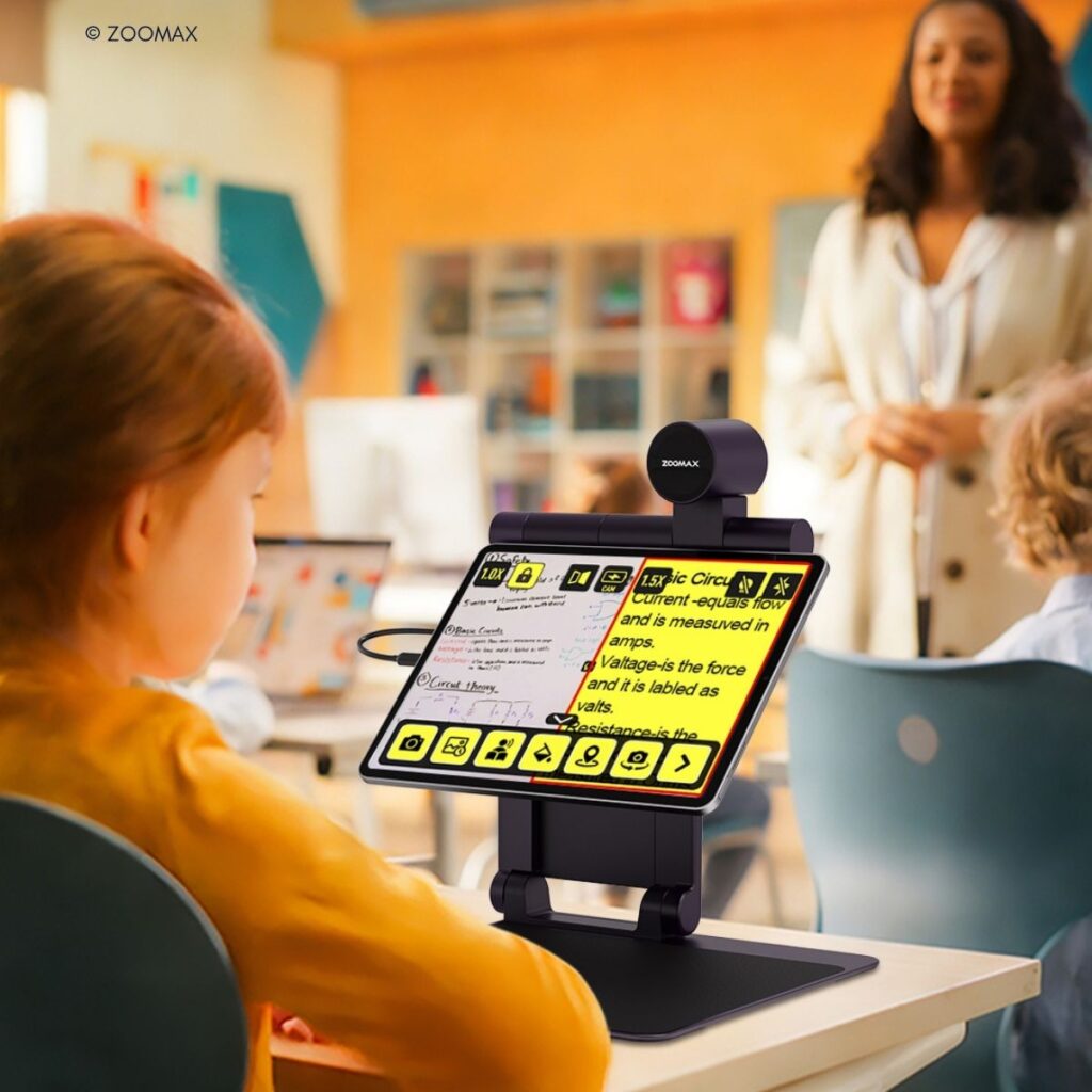 Kind in einem Klassenzimmer nutzt ein Zoomax-Bildschirmlesegerät auf einem Tischständer mit Kamera. Auf dem Display: vergrößerter Unterrichtstext. Im Hintergrund eine Lehrerin.
