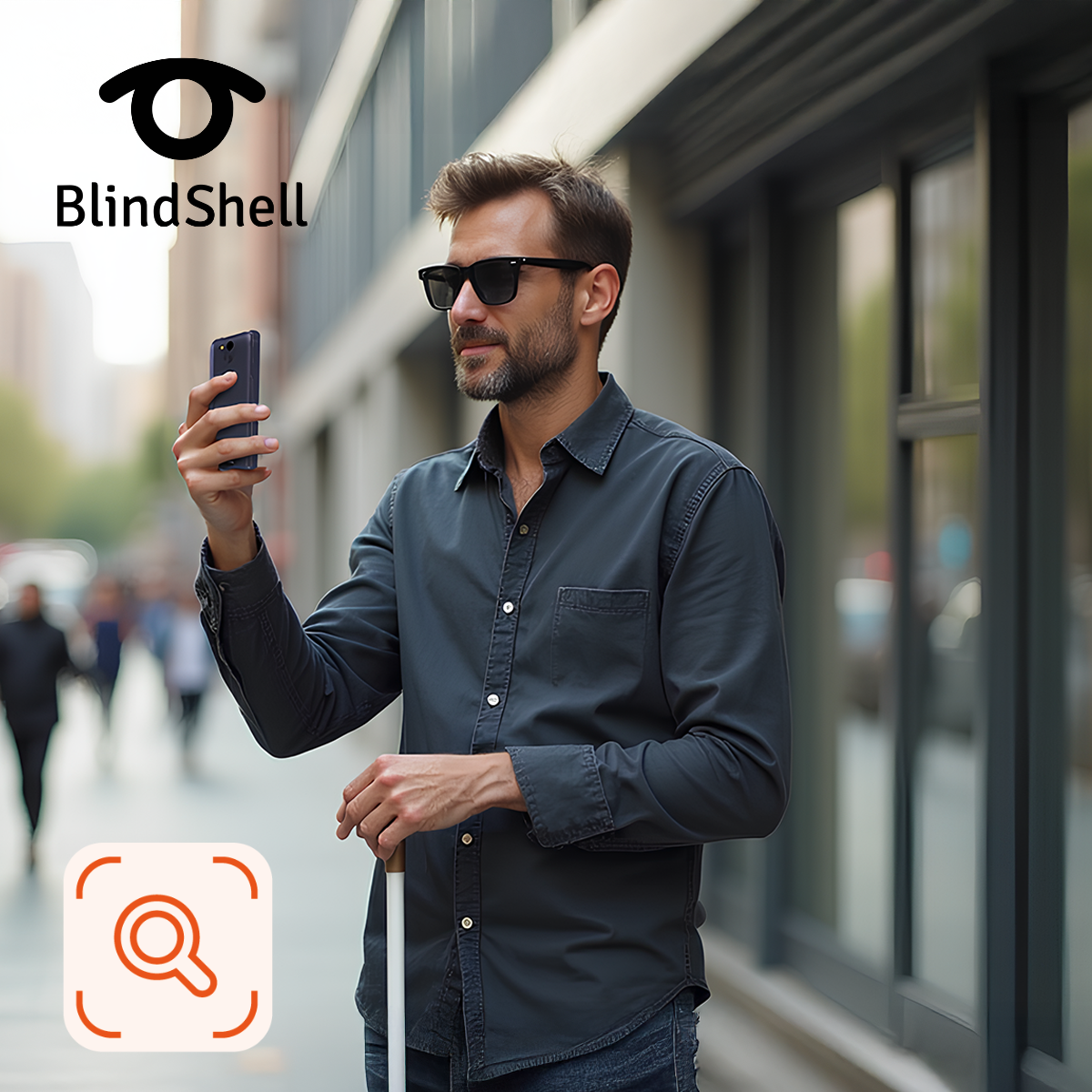 A man standing outside near a shop window, holding a white cane in one hand and an Ocean Blue BlindShell Classic 3 in the other. He is taking a photo to understand what is happening around him using O