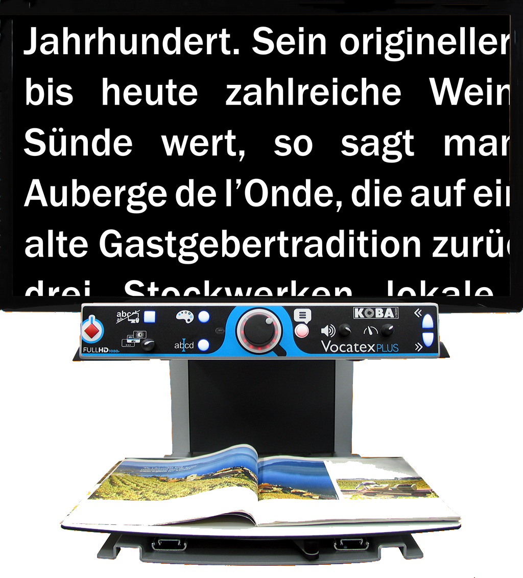 A text is displayed enlarged on the Vocatex video magnifier
