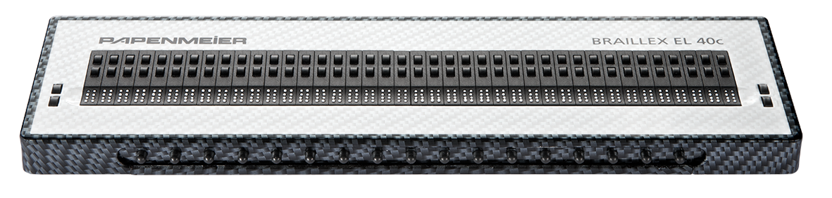 Photo Man working on laptop with BRAILLEX EL 40c Braille display