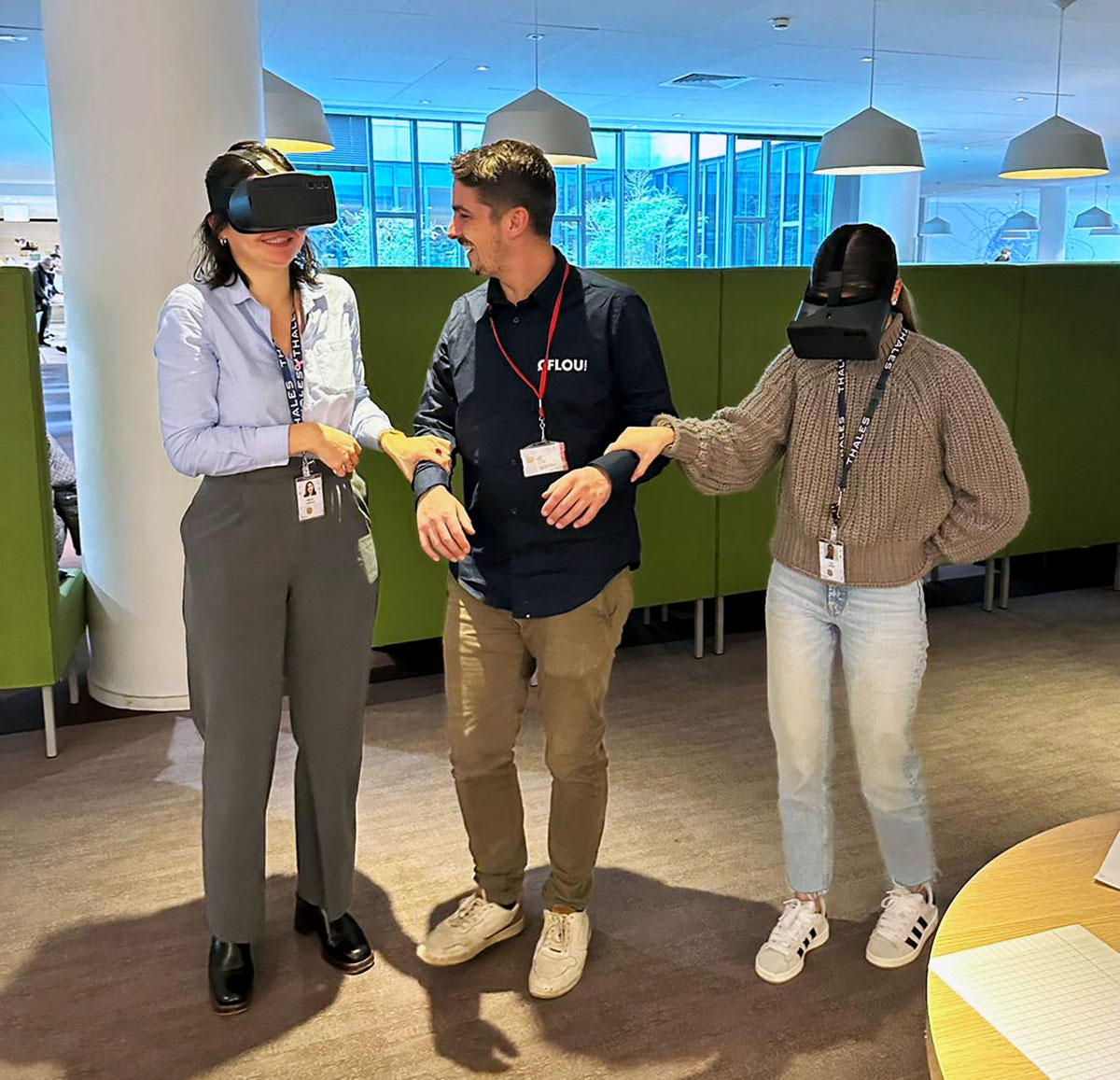 A young woman wears EasyReality low-vision simulation glasses to realistically simulate visual impairment