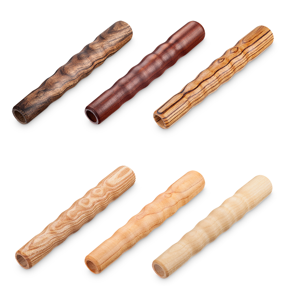 Wooden handles for telefolding canes (from left to right: Walnut, plum, zebrawood, ash tree, birch, cedar)